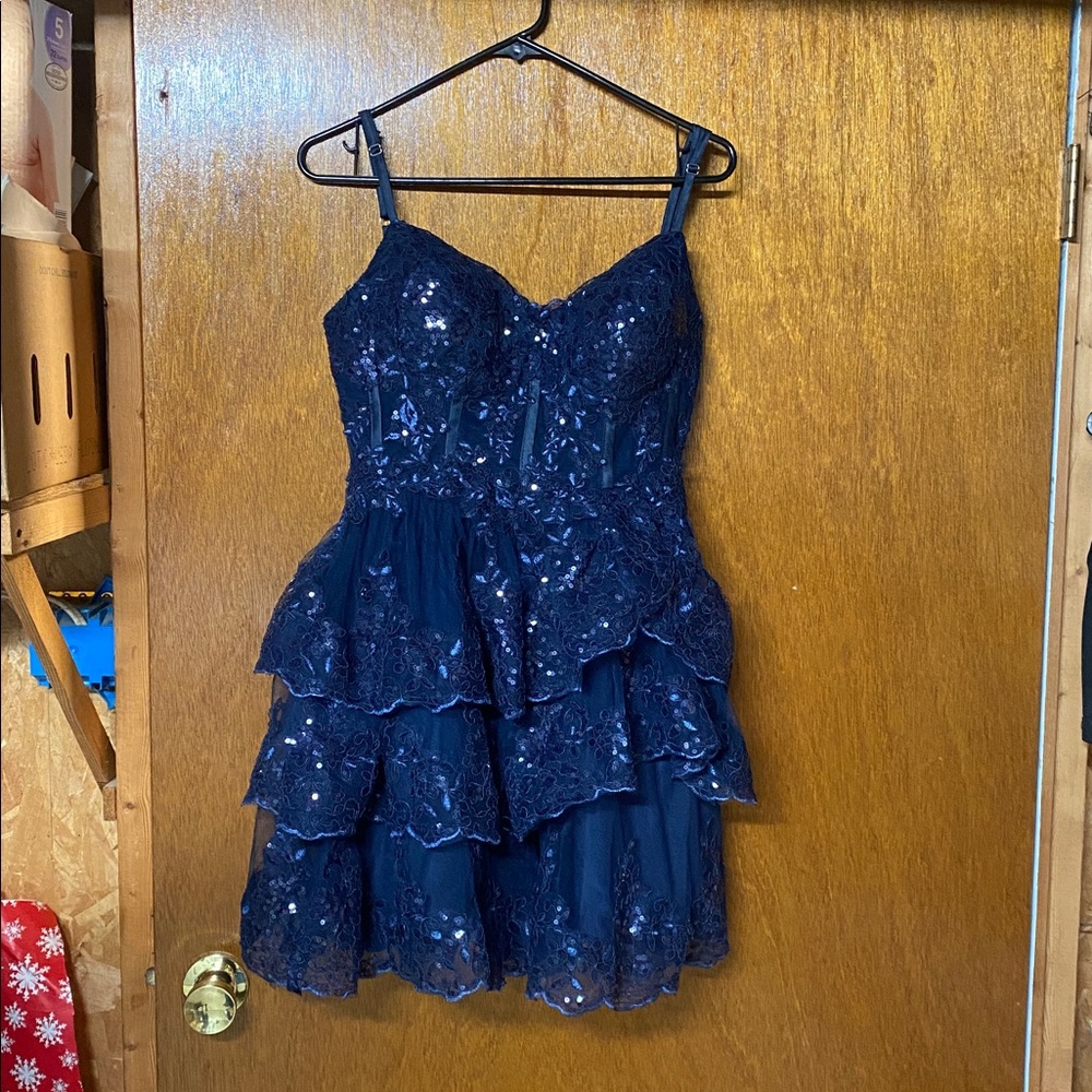 Navy Blue Sequin Layered Dress